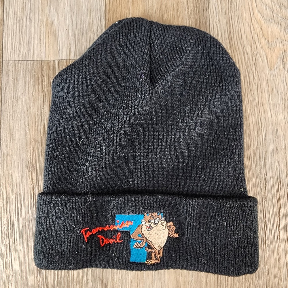 Vintage 1997 Looney‎ Tunes Tasmanian Devil Taz Black Knit Cuffed Beanie Hat